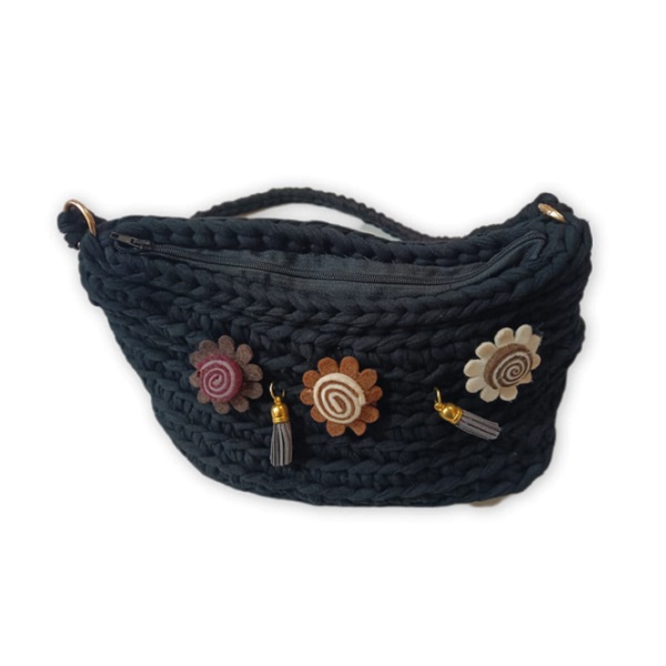 Borsa Crochet Uncinetto Nera Fiori e Pelle BiciBio Bioprofumeria
