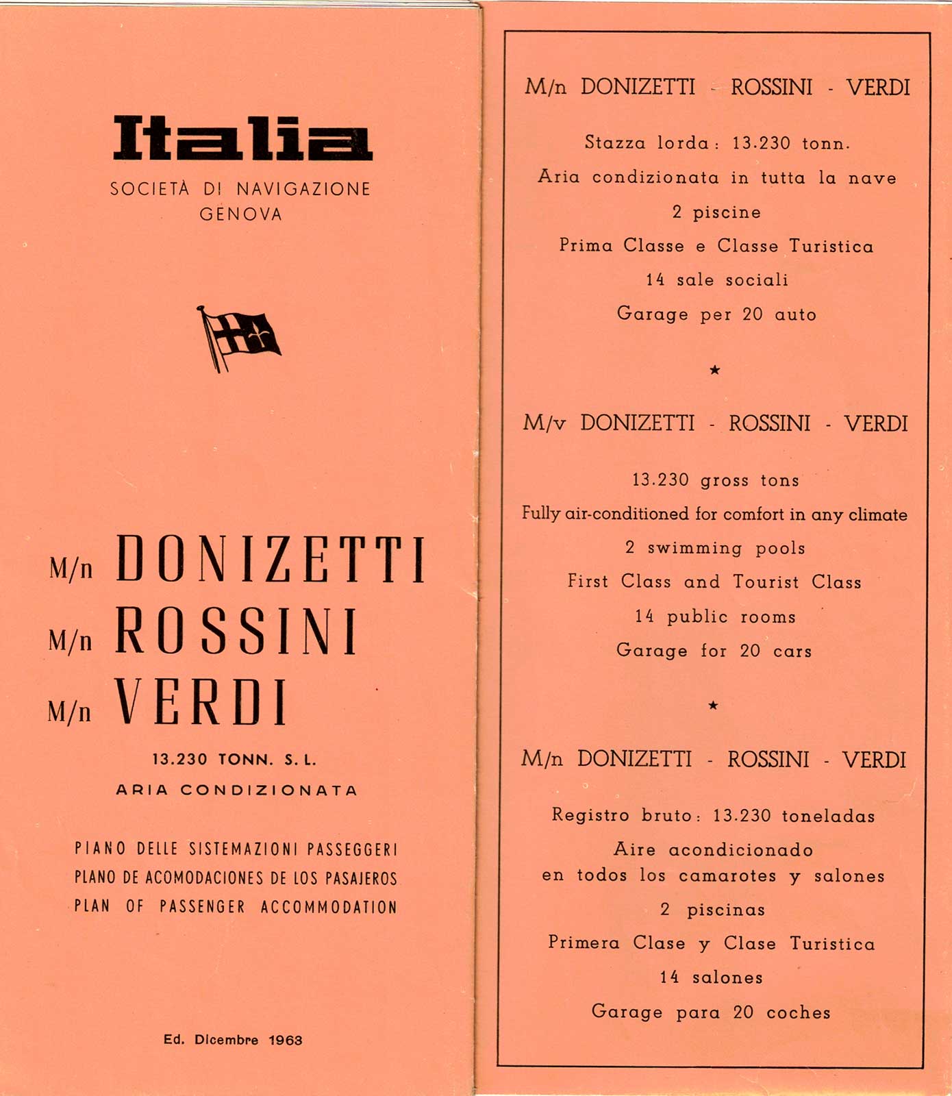 Depliant MOTONAVE DONIZETTI, M/N ROSSINI, M/N VERDI – 1963